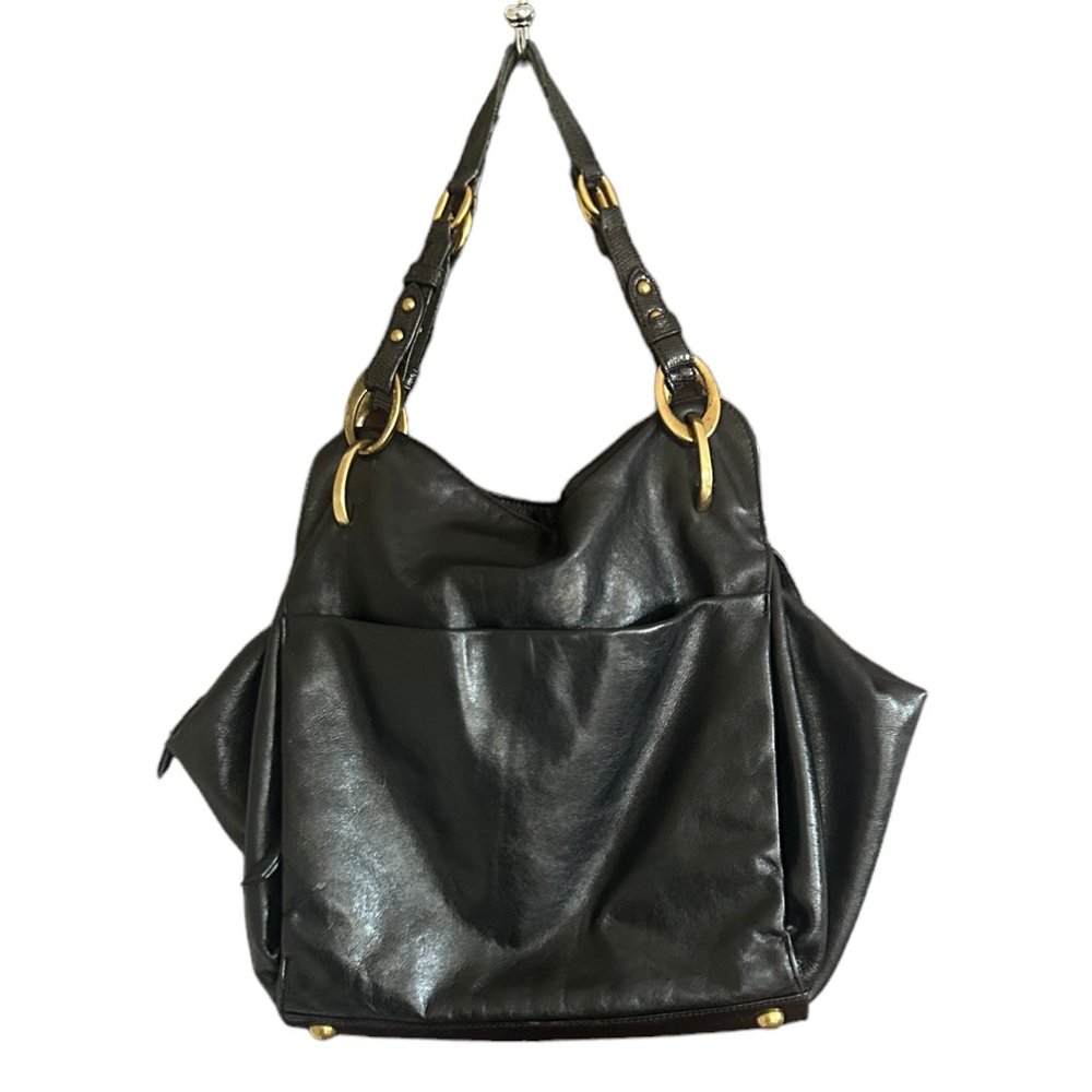 Elie Tahari Large Black Leather Purse with Pink Interior